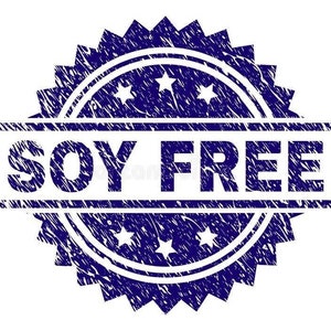May include: A blue, textured stamp with the words "SOY FREE" in bold white letters. The stamp has a circular design with stars and a jagged edge, suitable for food packaging.