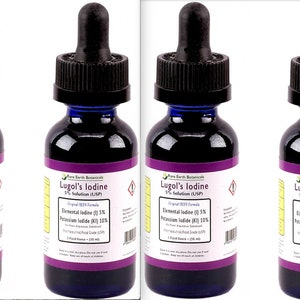 FOUR PACK 4 oz 5% Lugol’s Solution of Iodine Maximum Strength 4 Vintage Style Glass Bottles WHO Listed (Four one ounce bottles= 4oz Total)