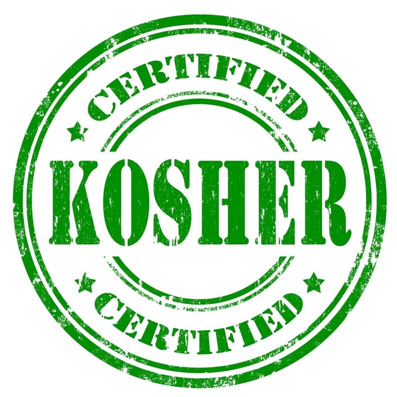 May include: A green, circular stamp with the words "CERTIFIED" and "KOSHER" in bold, distressed font. The stamp has a grunge effect, with star accents and a textured appearance, indicating certification.
