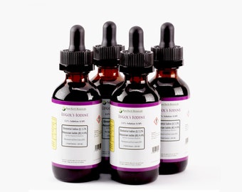 Four 2oz Bottles of 2.2% Lugol's Solution of Iodine 3000 mcg - Rare Earth BOTANICALS™ Economy Pack, Four (4) Vintage Style Glass Bottles