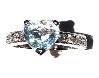 2.28 CTTW Heart Natural Blue Aquamarine Solitaire 14K White Gold Engagement Ring or Promise Ring, Handmade in USA