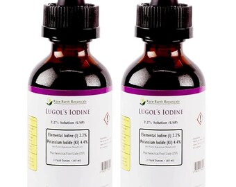 2.2% Lugol's Iodine Solution, Iodine + Potassium Iodide, Made in USA Rare Earth BOTANICALS™  Two 2oz Glass Bottles= 4 Oz - WHO Listed