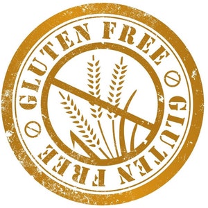May include: A distressed, circular stamp in shades of gold and brown, featuring the words "GLUTEN FREE" in a circular pattern. The center shows wheat stalks crossed out with a diagonal line, indicating a gluten-free product.