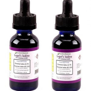 TWIN PACK 2 oz 5% Lugol’s Solution of Iodine Maximum Strength 2 Vintage Style Glass Bottles WHO Listed (Two one ounce bottles=2oz Total)