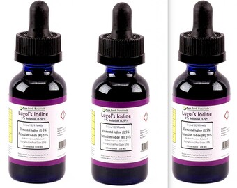 3 oz Authentic Lugol's Solution of Iodine 5% Maximum Strength - 3 Vintage Style Glass Bottles 1oz Each  x3 Rare Earth Botanicals™ WHO LISTED