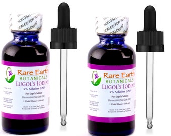 2 oz Lugol's Iodine 5% Authentic Formula & Accurate Potency Rare Earth BOTANICALS™  Two 1 ounce Vintage Style Glass Bottles  - WHO Listed