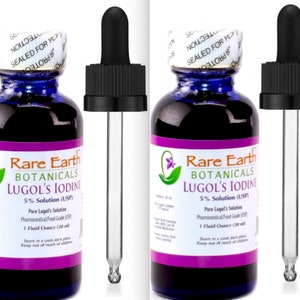 May include: Four bottles of Rare Earth Botanicals Lugol's Iodine 5% Solution (USP) with droppers. The bottles have a purple liquid and a white and purple label. The labels include the text "Rare Earth Botanicals" and "Lugol's Iodine".