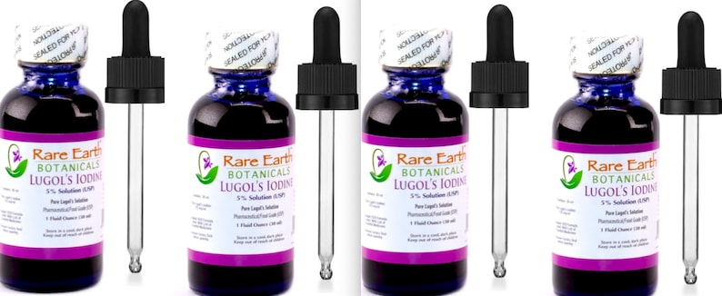 May include: Four bottles of Rare Earth Botanicals Lugol's Iodine 5% Solution (USP) with droppers. The bottles have a purple liquid and a white and purple label. The labels include the text "Rare Earth Botanicals" and "Lugol's Iodine".