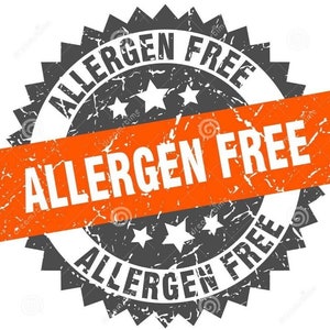May include: A gray and orange allergen-free seal. The seal has a circular design with the words "ALLERGEN FREE" in white text. An orange banner with the words "ALLERGEN FREE" is across the center. The seal has a distressed, textured appearance.