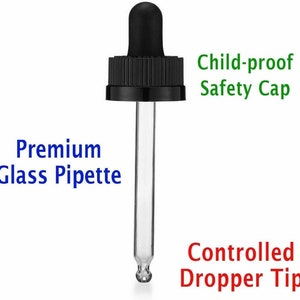 May include: A premium glass pipette with a black child-proof safety cap and a controlled dropper tip. The pipette is clear, with the text "Premium Glass Pipette", "Child-proof Safety Cap", and "Controlled Dropper Tip".