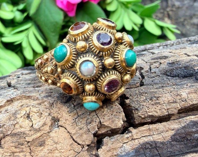 Vintage 1970s 19k Yellow Gold Multi Gem Sputnik Ring, Amethyst, Garnet, Turquoise, Opal