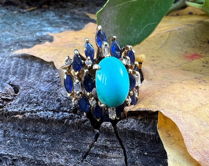 Blue Turquoise Ring, Gold and Turquoise Ring, Turquoise Ring, Turquoise and Diamond Ring, Statement Ring, Right Hand Ring