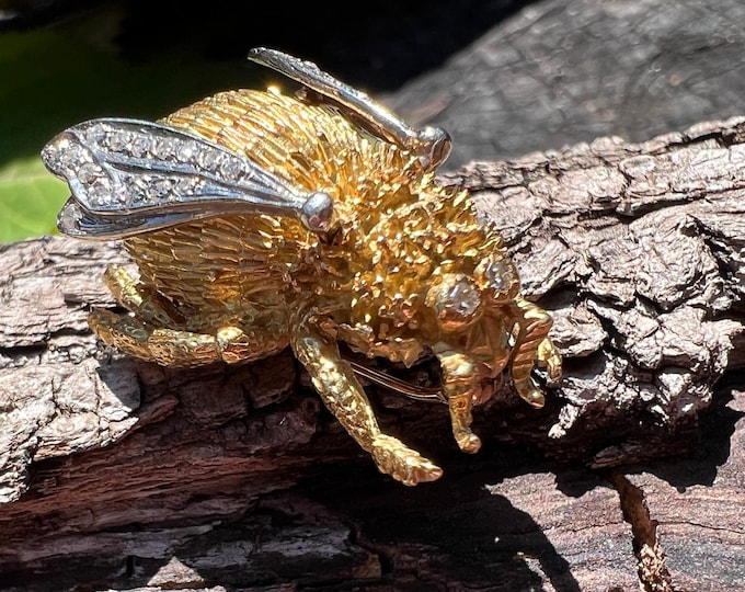 Gold Bee Pin, Diamond Bee Brooch, Gold Bumble Bee Pin, Bumblebee Brooch,  Gold Bumble Bee