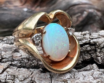Opal and Diamond Ring, Vintage Opal Ring, 1960s Opal Ring, October Birthstone