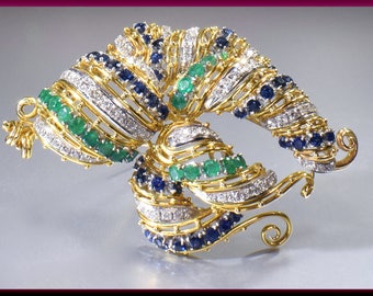 Emerald, Sapphire and Diamond Pin, 1960's Diamond Pin 18k Yellow Gold Diamond Pin, Bridal Brooch, Brooch Bouquet