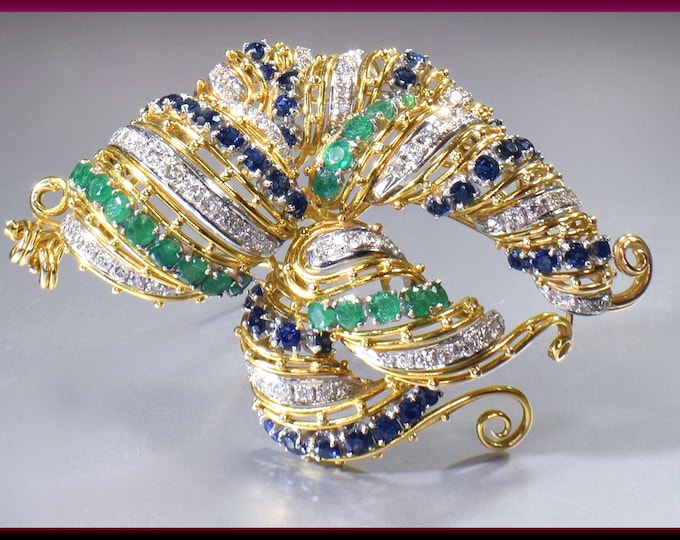 Emerald, Sapphire and Diamond Pin, 1960's Diamond Pin 18k Yellow Gold Diamond Pin, Bridal Brooch, Brooch Bouquet