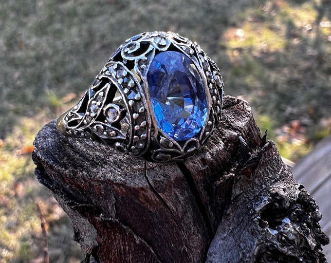 Victorian Sapphire Ring, Oval Sapphire Ring, Antique Sapphire Ring,  Rose Cut Diamond Ring, Victorian Cocktail Ring, September Birthstone