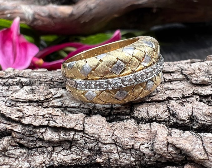 Yellow Gold Wide Band,  Diamond and Gold Band, Snake Skin Gold Ring, Wide Gold Band