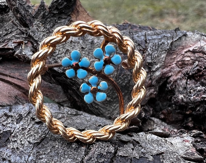 Gold Circle Brooch, Enamel Flower Pin, Blue Enamel Flower