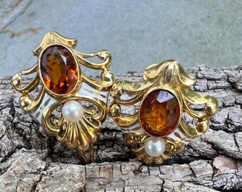 Citrine Earrings, Pearl and  Citrine Earrings, Gold and Citrine Earrings