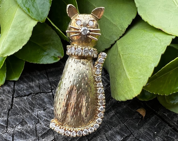 Diamond Cat Pin, Gold Cat, Gold Cat Brooch, Diamond Cat Brooch
