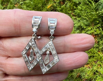 Platinum Baguette Diamond Earring, Diamond Chandelier Earring, Diamond Dangle Earring