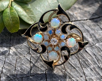 Gold Opal Pendant, Opal and Diamond Pendant, Opal Pendant, Opal Brooch, Enamel and Opal, October Birthstone