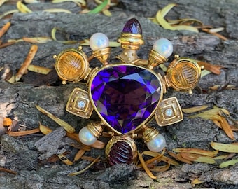 18k Yellow Gold Brooch, Gold and Amethyst Brooch, Citrine Brooch, Pearl Brooch, Diamond Brooch, Brooch Bouquet, Bridal Brooch