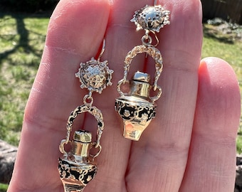 Perfumer Earrings, Gold Dangle Earrings, Retro Dangle Earrings, Enamel Dangles