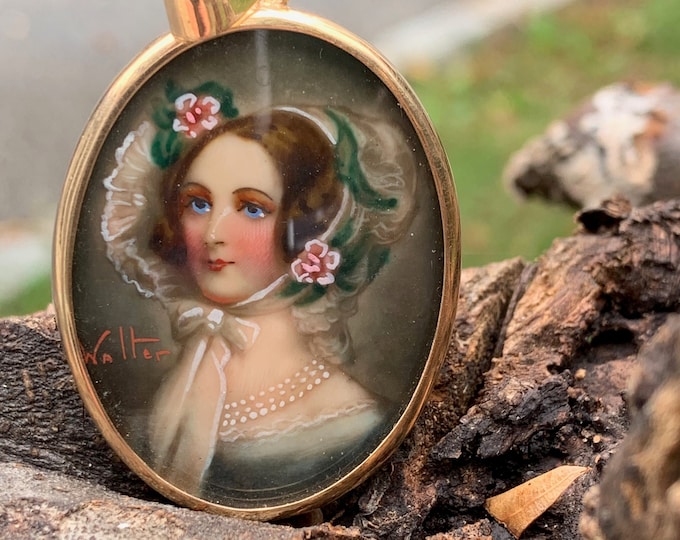 Victorian Portrait Pendant, Hand Painted Pendant, Antique Gold Pendant, Portrait Pendant