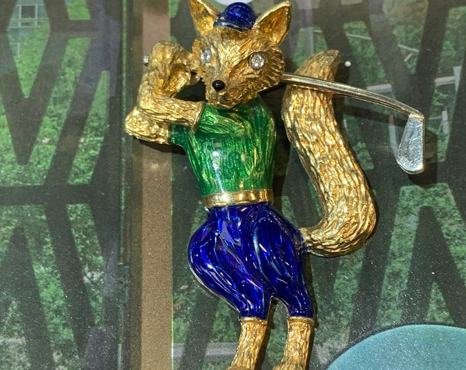Blue Enamel Fox, Gold Enamel Fox, Gold Fox Brooch, Gift for Golfer,
