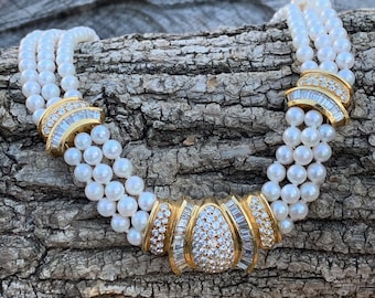 Gold Pearl Choker, Diamond and Pearl Pendant, Pearl Pendant, Diamond and Pearl Necklace