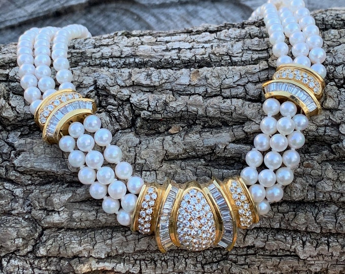 Gold Pearl Choker, Diamond and Pearl Pendant, Pearl Pendant, Diamond and Pearl Necklace