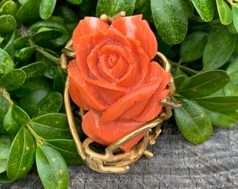 Coral Rosebud Pin, Gold Coral Rose, Craved Coral Rose, Coral Rose Brooch, Coral Brooch, Rose Brooch