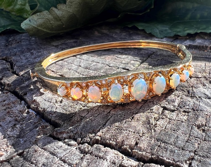 Opal and Diamond Bangle, Opal Bangle, Gold Opal Bangle