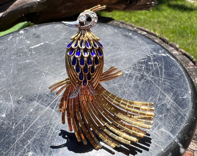 Peacock Pin, Bird Brooch, Gold Peacock Pin, Enamel Peacock Pin, Bird Jewelry