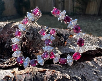 Gold Ruby Earrings, Ruby Drop Earrings, Ruby Diamond Earrings, Ruby Cluster Earrings, July Birthstone Earrings