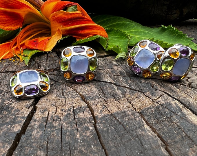 Chalcedony Ring and Earring Set, Multi Gem Ring, Citrine Earrings, Peridot Pendant