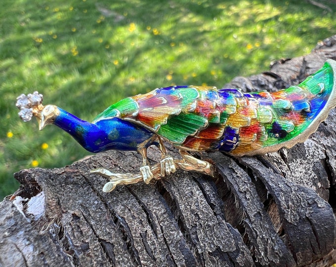 Peacock Pin, Bird Brooch, Gold Peacock Pin, Enamel Peacock Pin. Bird Jewelry