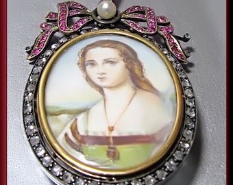Antique Vintage Victorian 14K Yellow Gold Rose Cut Diamond and Ruby Enameled Portrait Pin/Pendant - P 323M