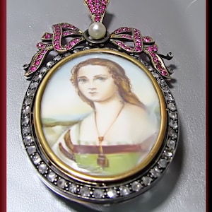 Antique Vintage Victorian 14K Yellow Gold Rose Cut Diamond and Ruby Enameled Portrait Pin/Pendant - P 323M
