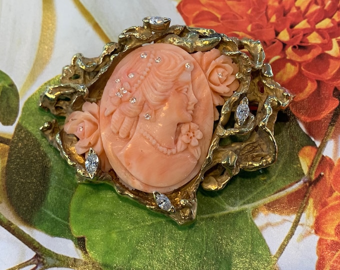Vintage Coral Cameo, Coral Cameo, Gold Coral Cameo, Cameo Pendant, Diamond Cameo