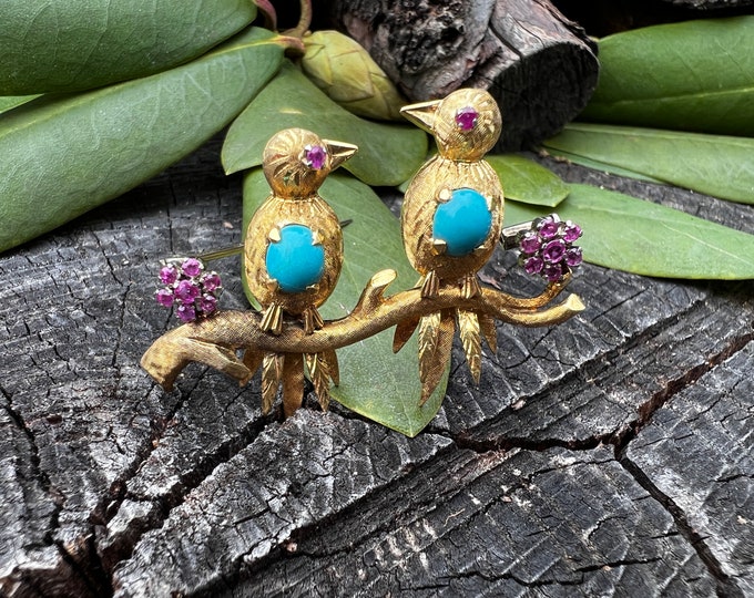 Lovebirds Brooch, Bird Brooch, Turquoise Bird Brooch, Ruby Lovebirds