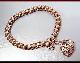 Antique Vintage 9K Pink Gold English Heart Charm Bracelet - BR 302M