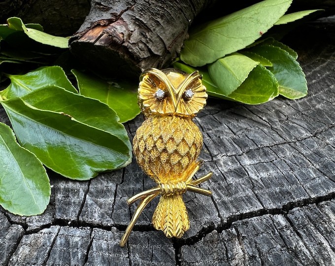 Gold Owl Brooch, Diamond Owl Brooch, Gold Bird Brooch, Owl Brooch, Gold Owl