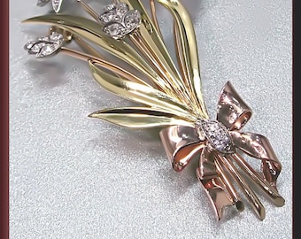 Antique Vintage Retro 1940's Platinum Yellow and Pink Gold Diamond, Ruby and Pearl Spray Bow Pin Brooch