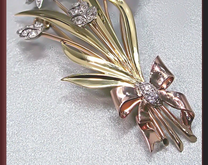 Antique Vintage Retro 1940's Platinum Yellow and Pink Gold Diamond, Ruby and Pearl Spray Bow Pin Brooch