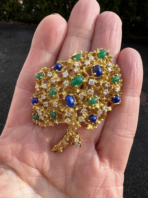 Lapis Flower Brooch, Emerald Flower Pin, Diamond … - image 9