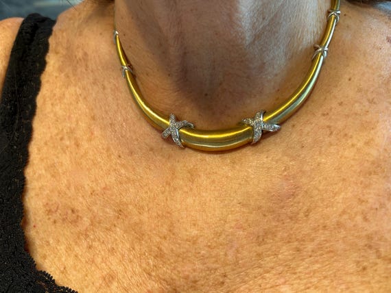 Diamond "X" Choker, Chunky Gold Choker, Wide Gold… - image 9