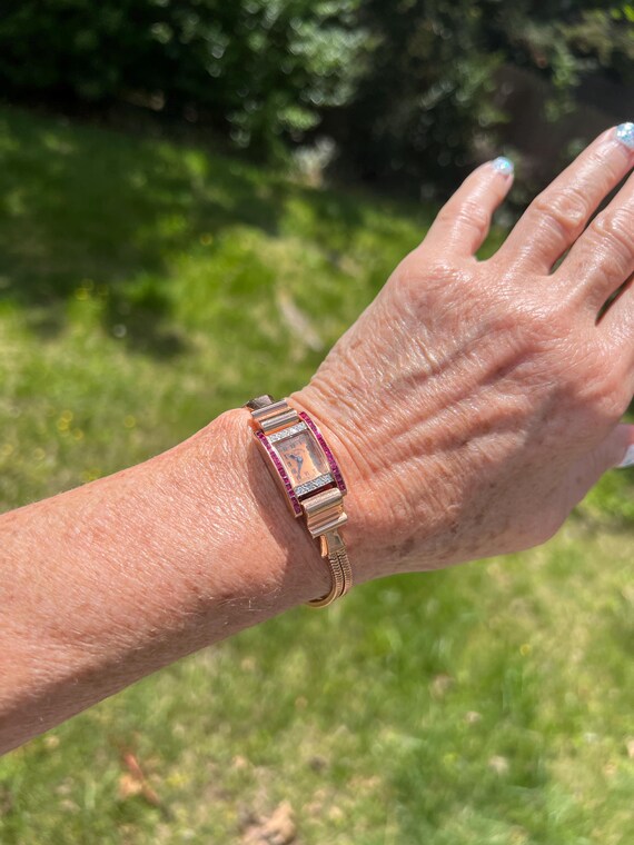 14k Rose Gold Retro Ruby Diamond Watch - Paul Dit… - image 10